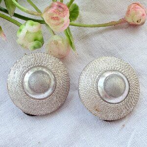 Vintage Stunning Silver Tone Metal Round Saucer Clip On Earrings West Germany